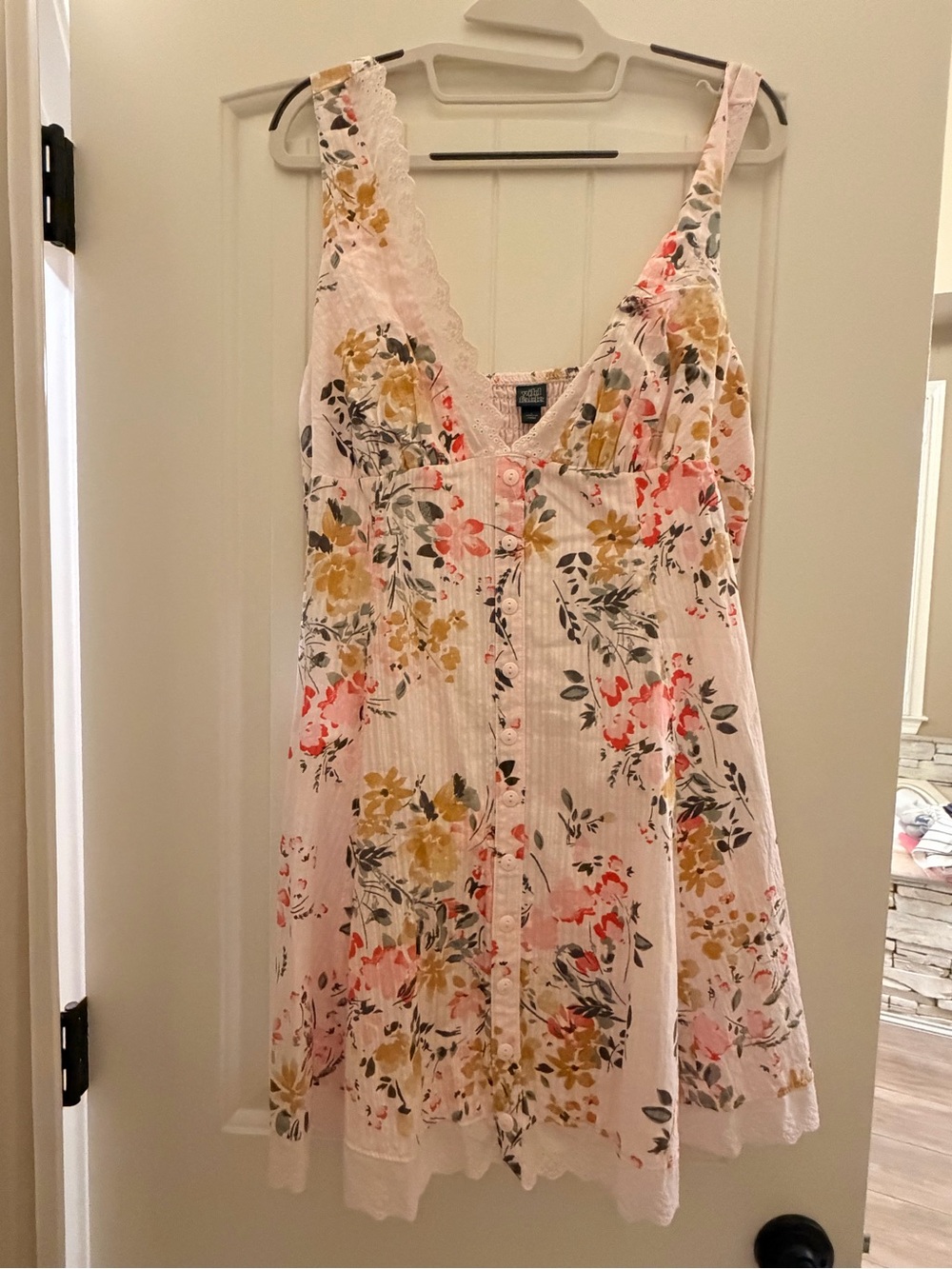wild fable Pink Floral Lace-Trim  Faux Button Front Mini Dress